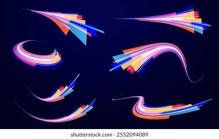 Light arc in neon colors, in the form of a turn and a zigzag. Creative vector illustration of flying cosmic meteor, planetoid, comet, fireball isolated on transparent background.