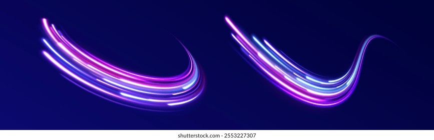 Light arc in neon colors, in the form of a turn. Magic bright shine glow of energy lines, shiny swirl power waves flow, electric trail glowing in dark. Abstract neon light motorway background. 