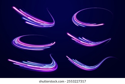 Arco claro em cores neon, em forma de curva. Brilho brilhante mágico de linhas de energia, ondas de energia de redemoinho brilhante fluem, trilha elétrica brilhando no escuro. Fundo abstrato da autoestrada de néon leve. 