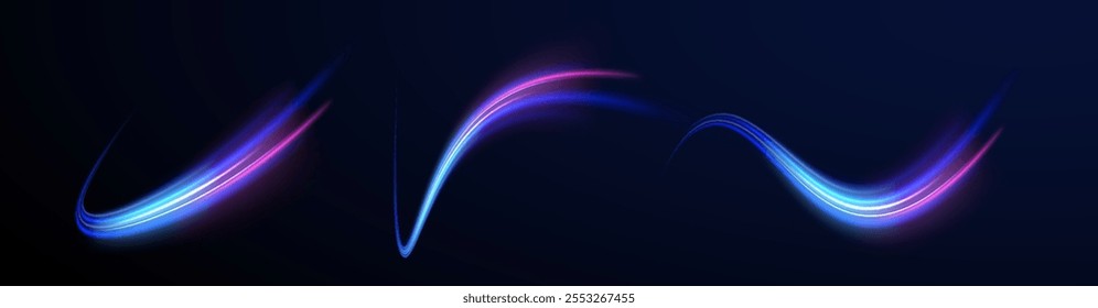 Arco de luz en colores neón, en forma de giro.  Ilustración vectorial creativa del meteoro cósmico volador, planetoide, cometa, bola de fuego aislada sobre fondo transparente. Efecto, png, onda, neón, línea.