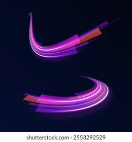 Arco claro em cores neon, na forma de uma curva e um ziguezague. Ilustração vetorial criativa de meteoro cósmico voador, planetoide, cometa, bola de fogo isolada em fundo transparente.