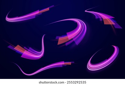 Light arc in neon colors, in the form of a turn and a zigzag. Creative vector illustration of flying cosmic meteor, planetoid, comet, fireball isolated on transparent background.
