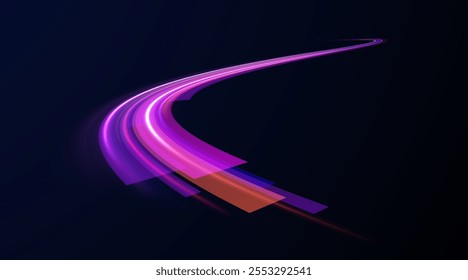 Arco claro em cores neon, na forma de uma curva e um ziguezague. Ilustração vetorial criativa de meteoro cósmico voador, planetoide, cometa, bola de fogo isolada em fundo transparente.