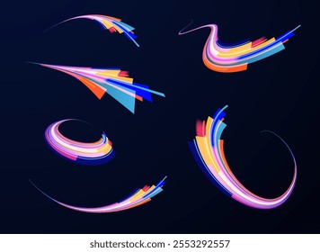Arco de luz en colores neón, en forma de giro y zigzag. Ilustración vectorial creativa del meteoro cósmico volador, planetoide, cometa, bola de fuego aislada sobre fondo transparente.