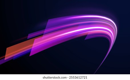 Light arc in neon colors, in the form of a turn and a zigzag. Creative vector illustration of flying cosmic meteor, planetoid, comet, fireball isolated on transparent background.