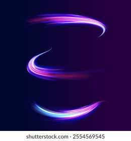  Light arc in neon colors, in the form of a turn. Creative vector illustration of flying cosmic meteor, planetoid, comet, fireball isolated on transparent background. Effect, png, wave,neon,line.