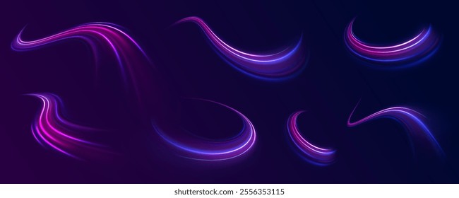 Light arc in neon colors, in the form of a turn. Creative vector illustration of flying cosmic meteor, planetoid, comet, fireball isolated on transparent background. Effect, png, wave,neon,line.