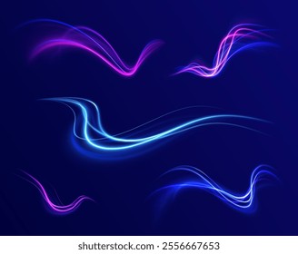 Light arc in neon colors, in the form of a turn. Creative vector illustration of flying cosmic meteor, planetoid, comet, fireball isolated on transparent background. Effect, png, wave,neon,line. 