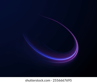 Light arc in neon colors, in the form of a turn. Creative vector illustration of flying cosmic meteor, planetoid, comet, fireball isolated on transparent background. Effect, png, wave,neon,line.