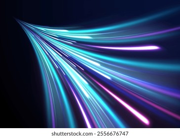Light arc in neon colors, in the form of a turn.  Creative vector illustration of flying cosmic meteor, planetoid, comet, fireball isolated on transparent background. Effect, png, wave,neon,line.