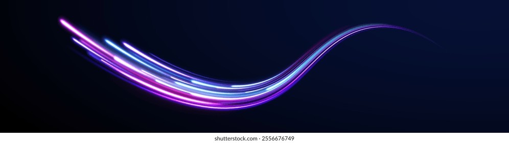 Light arc in neon colors, in the form of a turn. Magic bright shine glow of energy lines, shiny swirl power waves flow, electric trail glowing in dark. Abstract neon light motorway background. 