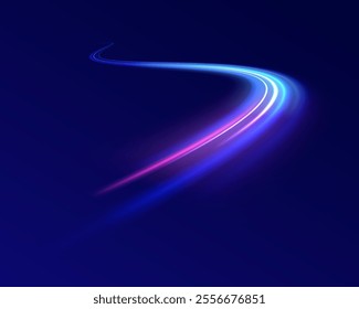 Light arc in neon colors, in the form of a turn.  Creative vector illustration of flying cosmic meteor, planetoid, comet, fireball isolated on transparent background. Effect, png, wave,neon,line.