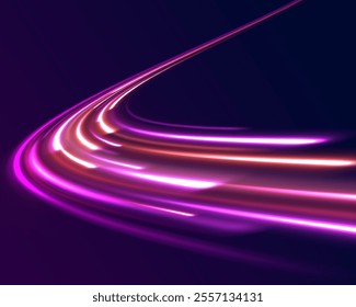 Light arc in neon colors, in the form of a turn.  Creative vector illustration of flying cosmic meteor, planetoid, comet, fireball isolated on transparent background. Effect, png, wave,neon,line.
