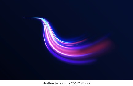  Light arc in neon colors, in the form of a turn. Creative vector illustration of flying cosmic meteor, planetoid, comet, fireball isolated on transparent background. Effect, png, wave,neon,line.