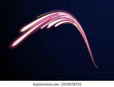 Light arc in neon colors, in the form of a turn.  
Creative vector illustration of flying cosmic meteor, planetoid, comet, fireball isolated on transparent background. Effect, png, wave,neon,line.