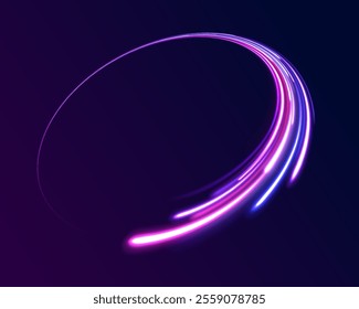 Light arc in neon colors, in the form of a turn. Magic bright shine glow of energy lines, shiny swirl power waves flow, electric trail glowing in dark. Abstract neon light motorway background. 