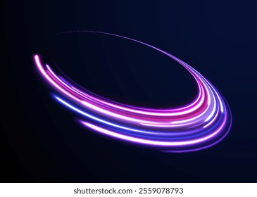 Light arc in neon colors, in the form of a turn.  Creative vector illustration of flying cosmic meteor, planetoid, comet, fireball isolated on transparent background. Effect, png, wave,neon,line.