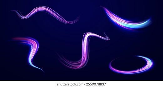  Light arc in neon colors, in the form of a turn. Creative vector illustration of flying cosmic meteor, planetoid, comet, fireball isolated on transparent background. Effect, png, wave,neon,line.