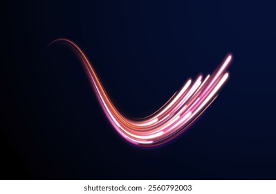 Light arc in neon colors, in the form of a turn.  
Creative vector illustration of flying cosmic meteor, planetoid, comet, fireball isolated on transparent background. Effect, png, wave,neon,line.