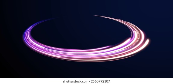 Light arc in neon colors, in the form of a turn. Creative vector illustration of flying cosmic meteor, planetoid, comet, fireball isolated on transparent background. Effect, png, wave,neon,line.
