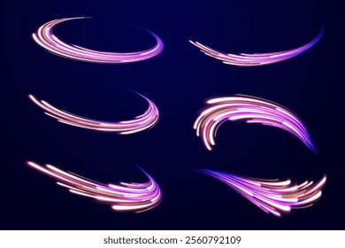 Light arc in neon colors, in the form of a turn. Creative vector illustration of flying cosmic meteor, planetoid, comet, fireball isolated on transparent background. Effect, png, wave,neon,line.