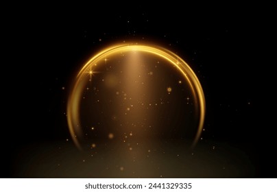 Light arch. Dynamic golden lines with a glow effect. Gold frame with spotlight.