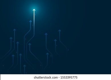 Light arrow circuit on blue dark background illustration, copy space composition, business growth concept.