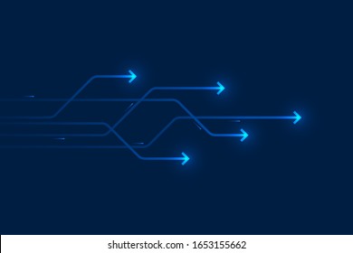 Light arrow circuit on blue background illustration, copy space composition, business growth digital concept.