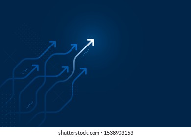 Light up arrow circuit on dark blue background, copy space composition, business growth concept.