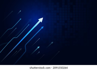 Flecha hacia arriba sobre fondo azul oscuro con espacio de copia, concepto de crecimiento del negocio. Iniciar un negocio con altas ganancias