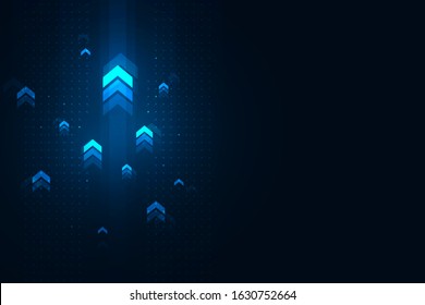 Light arrow up on grid dark background illustration, copy space composition, digital growth concept.