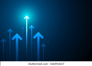 Light up arrows on blue background illustration, copy space composition, business growth concept.