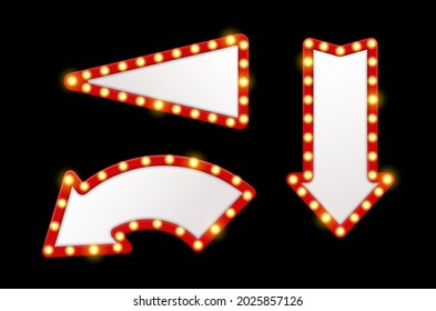 Light arrows pointers. Shining retro design signs with bulbs around red frames. Vintage show lighted accessory, cinema theatre and casino elements, mirror with lamps. Vector realistic set