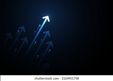 Up light arrows and speed lines on dark blue background, copy space composition, growth competition technology concept.