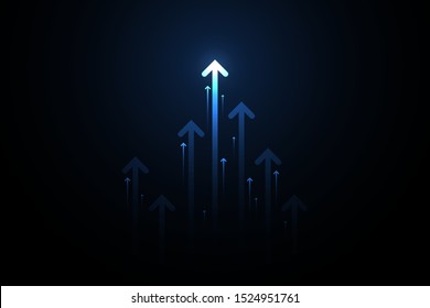 Up light arrows and speed lines on dark blue background, copy space composition, growth competition technology concept.