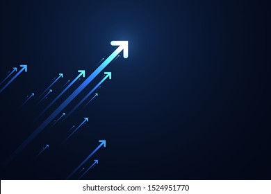 Up light arrows and speed lines on dark blue background, copy space composition, growth competition technology concept.