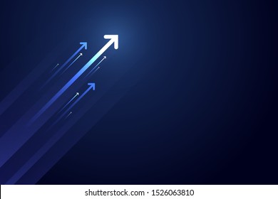 Up light arrows and speed lines on dark blue background, copy space composition, growth competition technology concept.