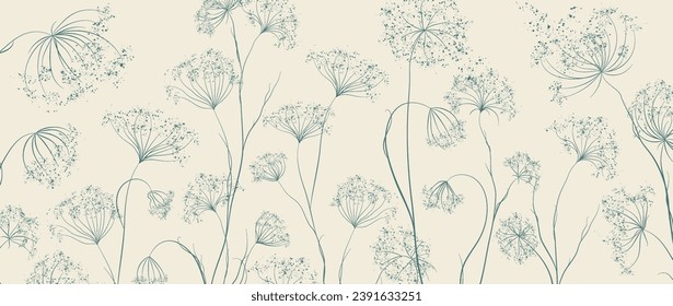 Light art background with blue or green plants, grass, flowers hand drawn in line style. Botanical wallpaper for interior decor, banner, print, textile, packaging