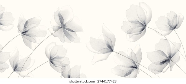 Light art background with blue transparent flowers in a watercolor style. Botanical banner for decor, prints, wallpaper, textiles, packaging, and invitations.