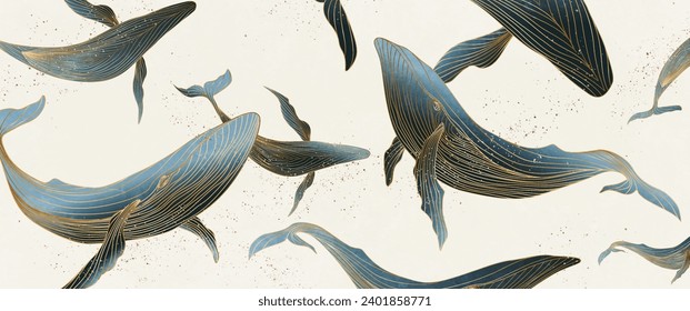 Light art background with blue whales hand drawn in golden line style. Vector animalistic banner for design of wallpaper, textile, interior design, poster, packaging, print.