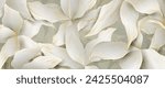 Light art background with exotic flowers and leaves in golden elements in line style. Hand drawn botanical banner for decor, print, wallpaper, textile, interior design.