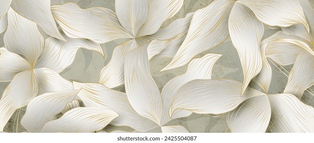 Light art background with exotic flowers and leaves in golden elements in line style. Hand drawn botanical banner for decor, print, wallpaper, textile, interior design.