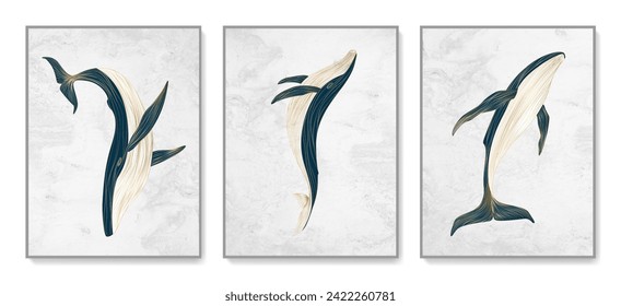 Light art background with hand-drawn whales in line art style in gold and blue colors. Animalistic set of posters for decor, print, wallpaper, textiles, interior design.