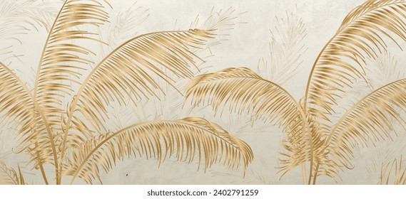 Light art background with luxury golden tropical leaves in line style. Botanical banner with exotic plants for decoration, print, textile, wallpaper, interior design.