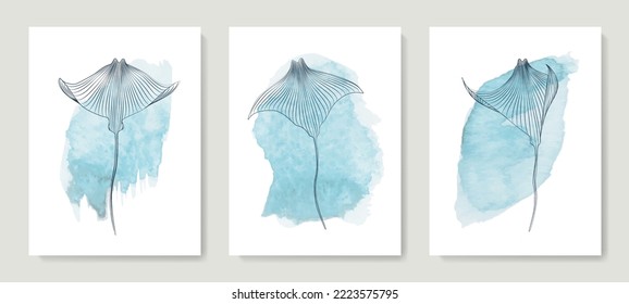 Light art background with stingrays in art line style on a background of blue watercolor stains. Vector animalistic set of posters for decoration, print, interior design, wallpaper, packaging.