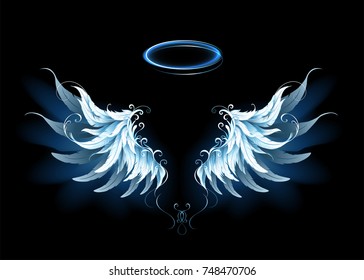 Light, Artistic, Blue Angel Wings On A Black Background.