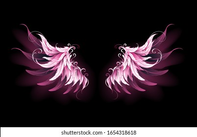 Light, artistic, pink angel wings on a black background.