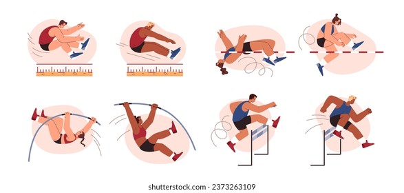 Leichtathletik-Set. Sportlerinnen und Sportler, die sich mit verschiedenen Sportarten beschäftigen. Hoch- und Weitsprung, Steeplechase, Polgewölbe. Vektorgrafiken einzeln auf Weiß. Cartoon-Sportwettbewerb