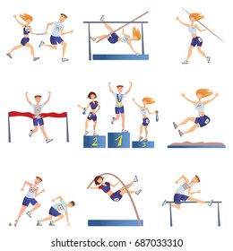 Light athletics set. Sports men and women engaged in various types of athletics. Vector illustration, isolated on white background.