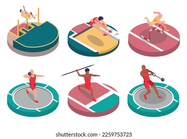 Light athletics sportsman isometric compositions set of long jump pole vault in height obstacle race javelin and core throwing isolated vector illustration